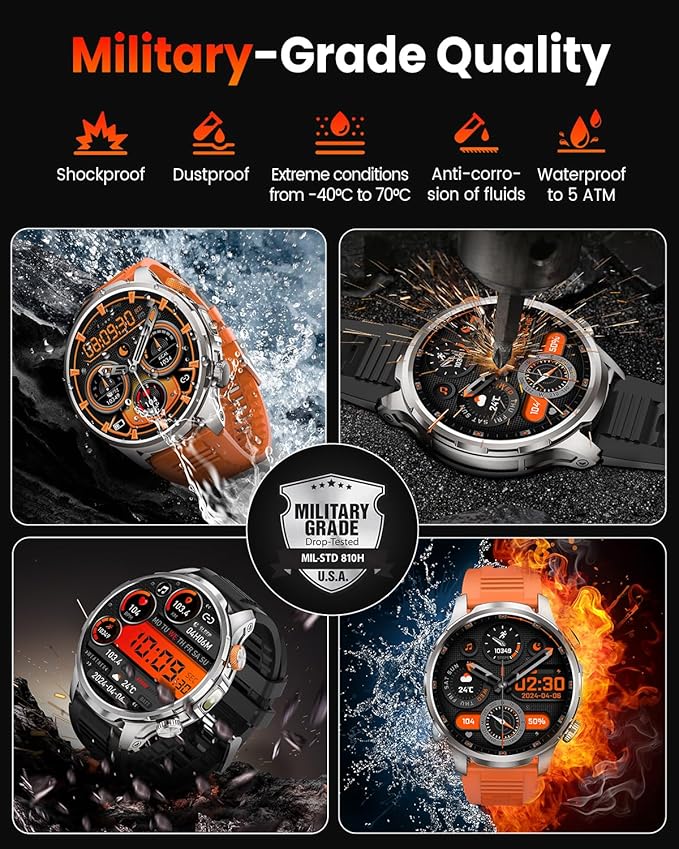 Smart Watches for Men, Military Smart Watch with 100 Days Battery/Flashlight/Heart Rate/Sleep/SpO2 Monitor/Calling/110+ Sports Mode, 5 ATM Rugged Men's Fitness Tracker Watch for Android iPhone(Silver)