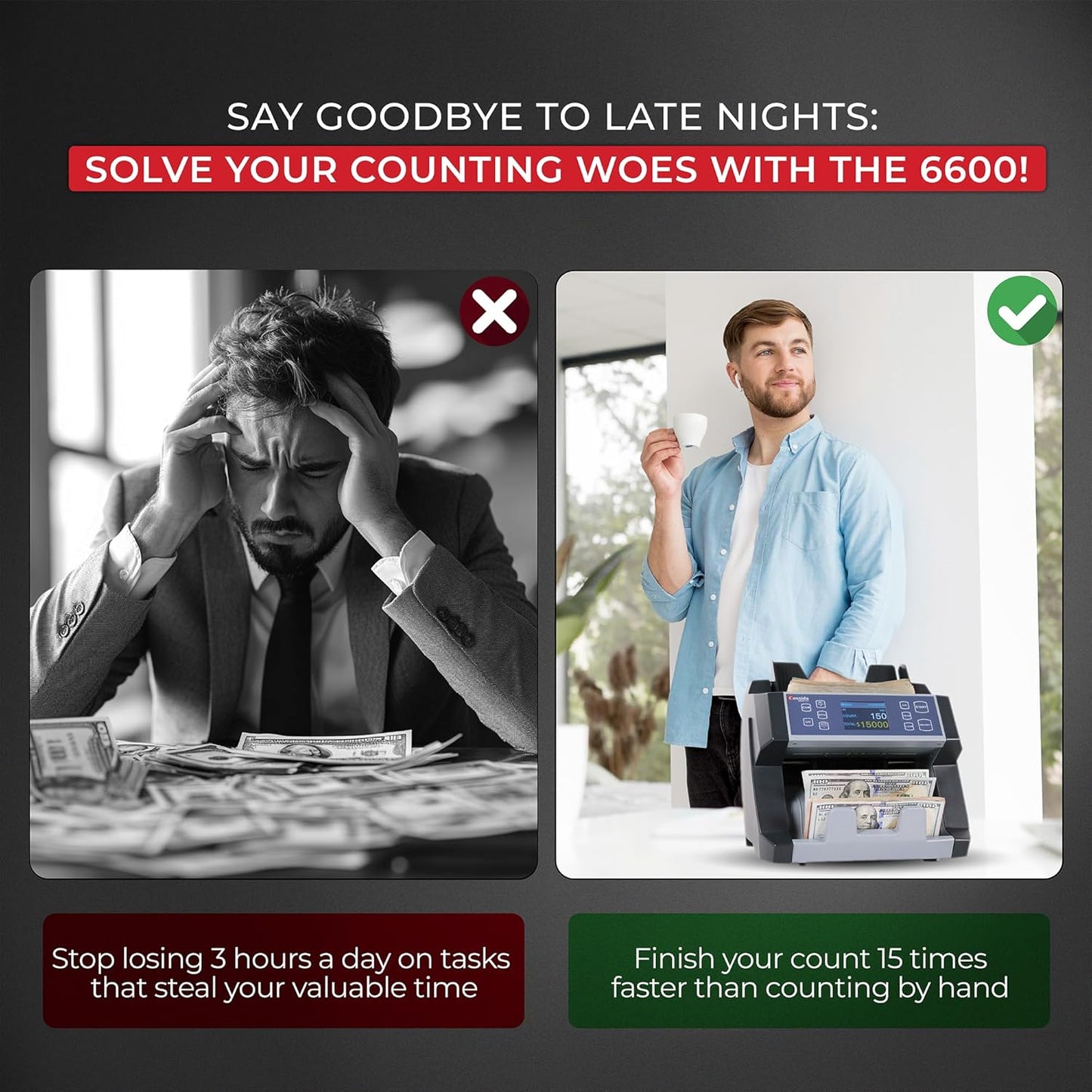 Cassida 6600 UV – USA Business Grade Money Counter with UV/IR Counterfeit Detection – Top Loading Bill Counting Machine w/ ValuCount™, Add and Batch Modes – Fast Counting Speed 1,400 Notes/Min