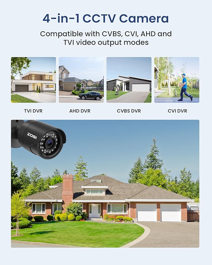ZOSI 2MP 1080p HD Home Security Camera Outdoor Indoor (Hybrid 4-in-1 HD-CVI/TVI/AHD/960H Analog CVBS), 1920TVL Bullet Camera, 100ft Night Vision, 90° Wide Angle, Weatherproof Surveillance CCTV Camera
