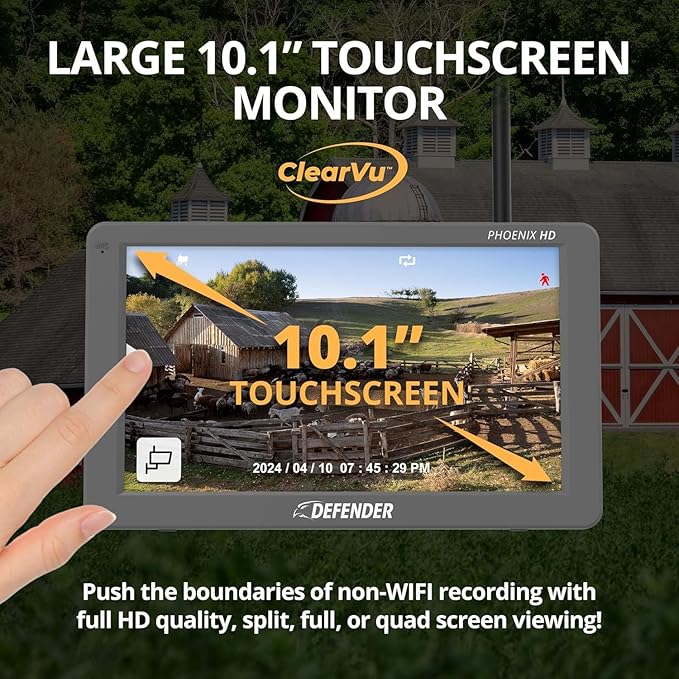 Defender PhoenixHD Wireless Security Camera System with 10.1” Touchscreen Monitor, 4 Outdoor 1080P HD Night Vision Cameras, Plug & Play Home Security System, Two Way Talk, No WiFi Required