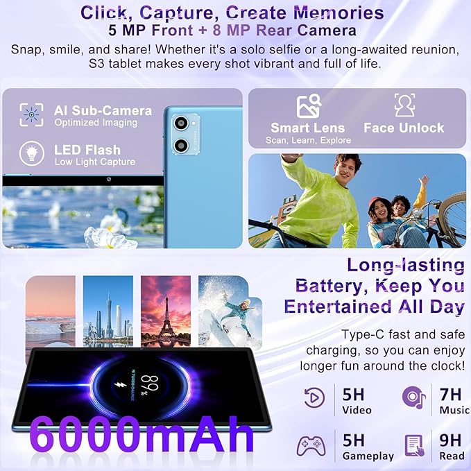10 Inch Tablet Android 15 Tablets with Keyboard, 30GB 64GB 1TB Expand Tab PC with 2.0GHz Octa-Core, 8MP Camera, 6000mAh, GMS, WiFi 6, BT 5.0, FHD Display, Widevine L1, Gemini AI (Blue)