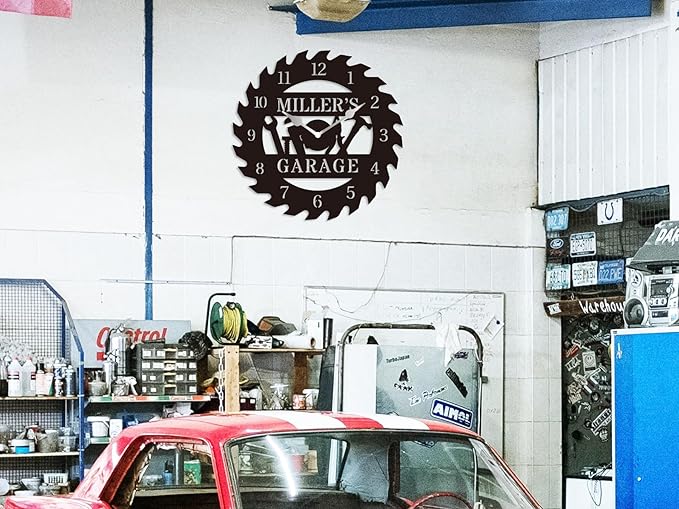 Personalized Metal Garage Clock, Custom Metal Workshop Clock,Custom Garage Wall Decor Gift for Father's Day Husband