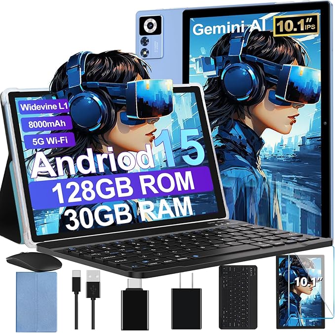 2025 Android 15 Tablet with Keyboard | Gemini AI, 30GB+128GB Octa-Core Electronics Tablets w/ 10 Inch IPS HD Display, 8000mAh, 5G WiFi, 1TB Expand, Mouse+Case, BT 5.0, Widevine L1, Metal Body -Blue
