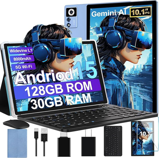 2025 Android 15 Tablet with Keyboard | Gemini AI, 30GB+128GB Octa-Core Electronics Tablets w/ 10 Inch IPS HD Display, 8000mAh, 5G WiFi, 1TB Expand, Mouse+Case, BT 5.0, Widevine L1, Metal Body -Blue