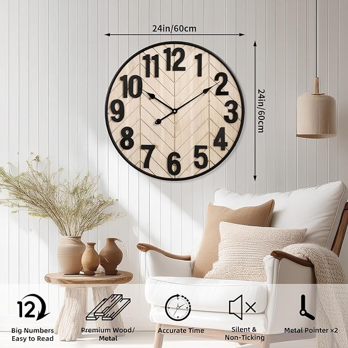 24 Inch Large Wall Clock for Living Room Decor, Rustic Wooden Farmhouse Wall Clock with Black Metal Frame, Battery Operated Non-Ticking Silent Wall Clocks for Home Decor (Brown)