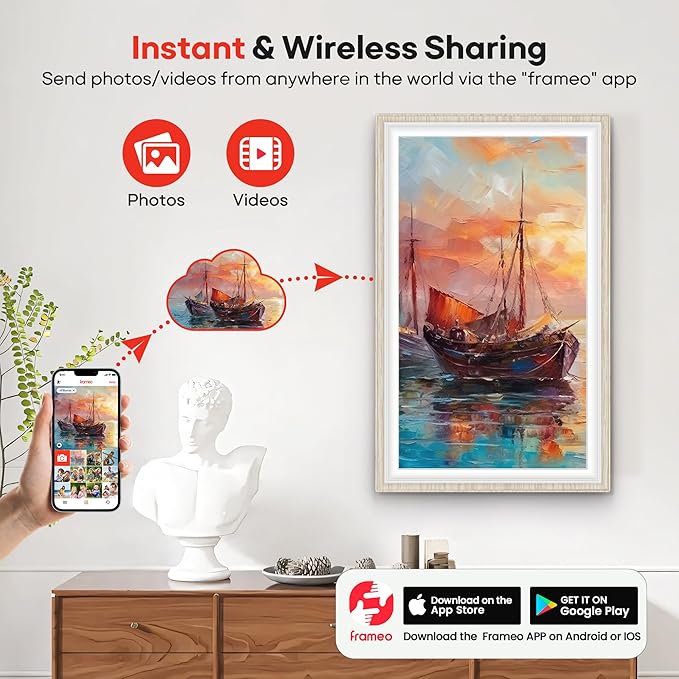 64GB Frameo 15.6" Digital Picture Frame Large 1920 x 1080 IPS FHD Touch Screen WiFi Electronic Photo Frames Share Moments Instantly Anywhere Best Gifts for Parents and Grandparents White Wood