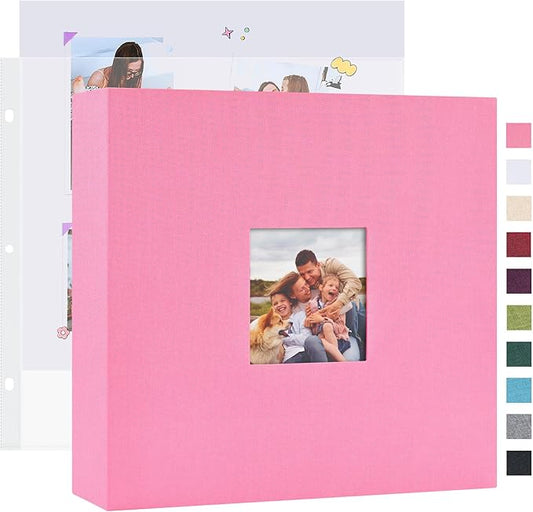 Mublalbum 10x10 Inch DIY Scrapbook Photo Album with 40 Plastic Sleeves 80 Pages Linen Cover 3 Ring Folder Binder for Wedding Baby Family and DIY Projects (Pink)