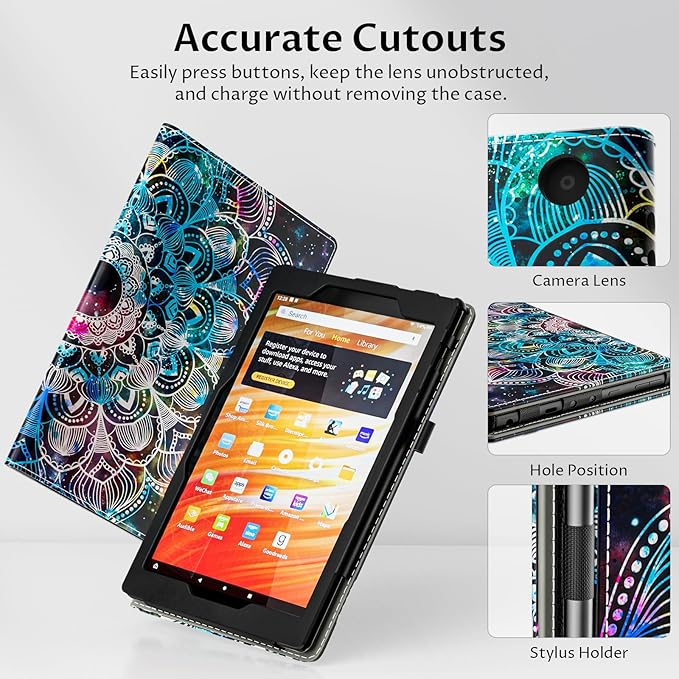 VORI Case for 2023/2021 Release Amazon Kindle Fire HD 10 Tablet (13th/11th Generation) and Fire HD 10 Plus 10.1" - Slim Folding Stand Folio Cover with Auto Wake/Sleep & Hand Strap, Mandala