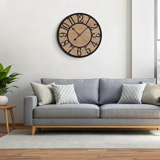 Maxstar Large Wall Clock for Living Room,Metal & Wood Silent Rustic Farmhouse Wall Clock with Arabic Numeral, Battery Operated Decorative for Bedroom Office Home Decor 20inch Black