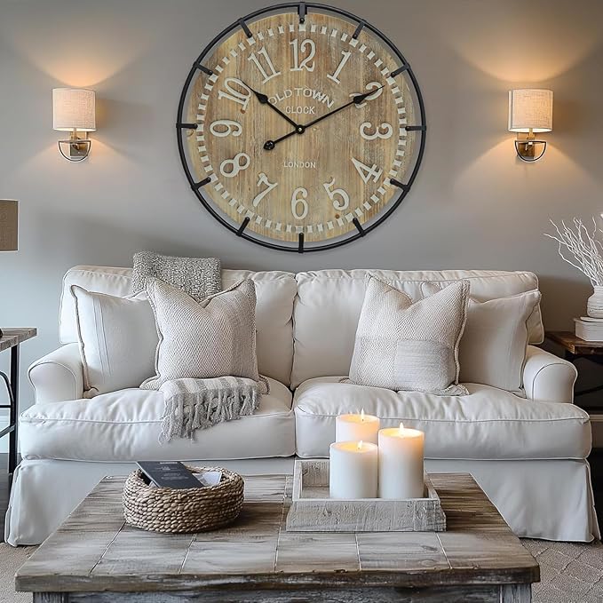 24 Inch Large Farmhouse Wall Clock - Rustic Antique Wood, Silent Battery Operated Clock for Office Kitchen Bedroom Living Room
