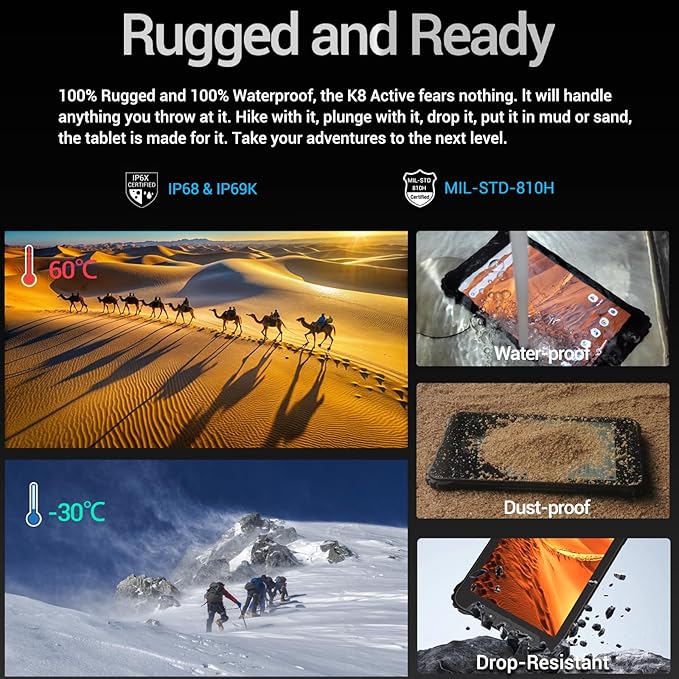 AOZORA K8 Active Rugged Tablet, 8 Inch FHD+ 600nits Glove Touch AT&T/Verizon Network certified PTCRB T-Mobile Unlocked Qualcomm8-Core 12+128GB 20MP night vision+25MP Camera 10200mAh IP68&IP69K/NFC/GPS