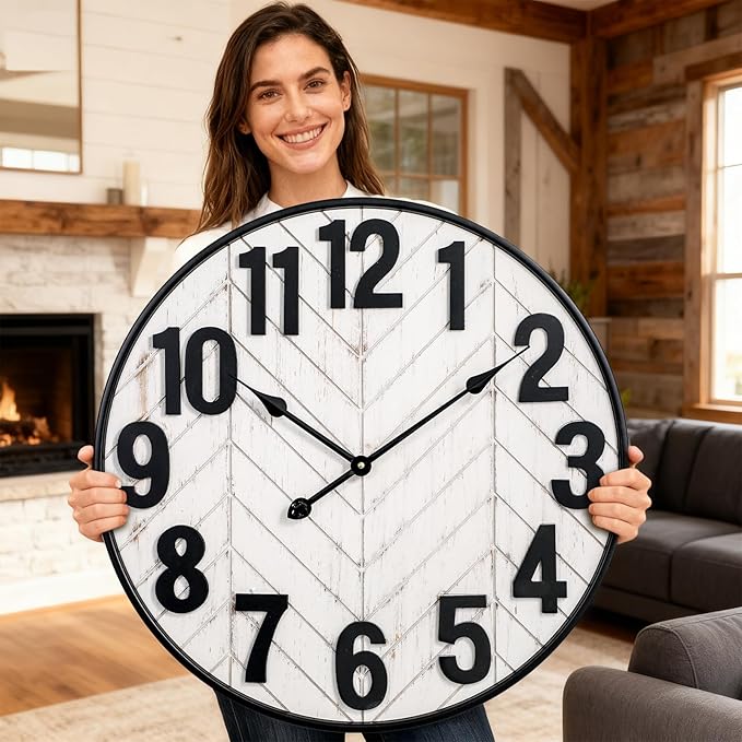 30 Inch Large Wall Clock, Oversized Wood Farmhouse Wall Clock with Metal Frame, Battery Operated Non-Ticking Silent Wall Clocks for Living Room, Kitchen, Bedroom Decor (Whitewashed)
