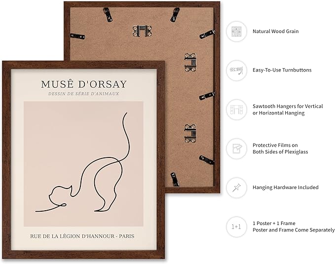 Poster Master Vintage Poster - Retro One Line Cat Drawing Print - Cat Art - Minimal Gift for Men, Women, Animal Lover - Abstract Wall Decor for Home, Office, Bedroom, 16x20 Brown Framed