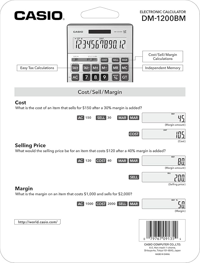 Casio DM-1200BM – Business Desktop Calculator with Cost/Sell/Margin & Tax Keys | Extra-Large 12-Digit Display, Kickstand | Ideal for Office & Finance Use
