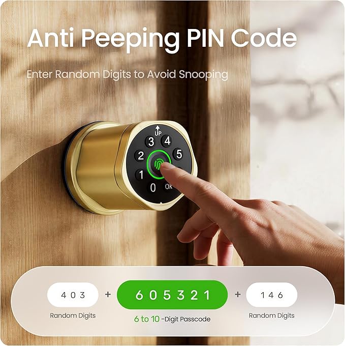 Leydebong 4-in-1 Smart Door Lock with Fingerprint and Keypad - Keyless Entry Electronic Lock with App Control and Mechanical Key - Easy Installation Door Knob with Code in Satin Brass
