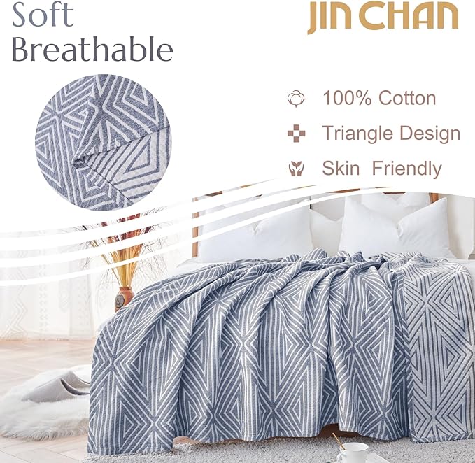 jinchan Boho 100% Cotton Blanket Muslin Lightweight Twin Size Quilted Throw Blanket for Couch Soft Cozy All Season Blanket 3-Layer Floral Throw Cotton Blanket for Bedroom Decor Blue 60x80 Inches
