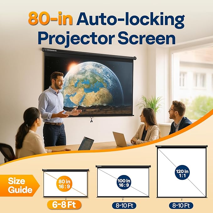 VIVOHOME 80 Inch 16:9 Pull Down Projector Screen, HD 4K Retractable Movie Screen for Indoor Home Theater and Office, Manual Projection Screen with Auto Locking (70Wx40H Inch Display Area)