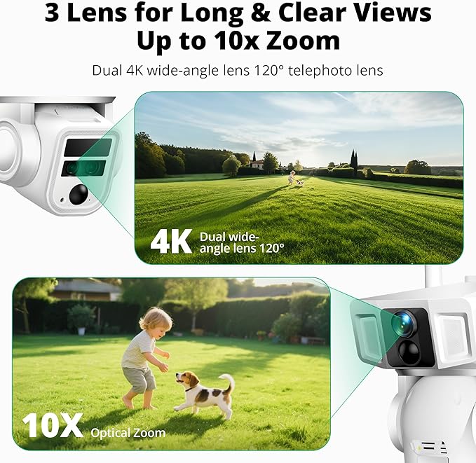 4G LTE Cellular Security Camera, 4K Wireless Outdoor Solar Camera 12000mAh, No WiFi or WiFi Duo-Mode, 10x Optical Zoom, 360° Pan and Tilt AI Tracking, 64G SD/SIM Card, IP66 Weather-Resistant - White