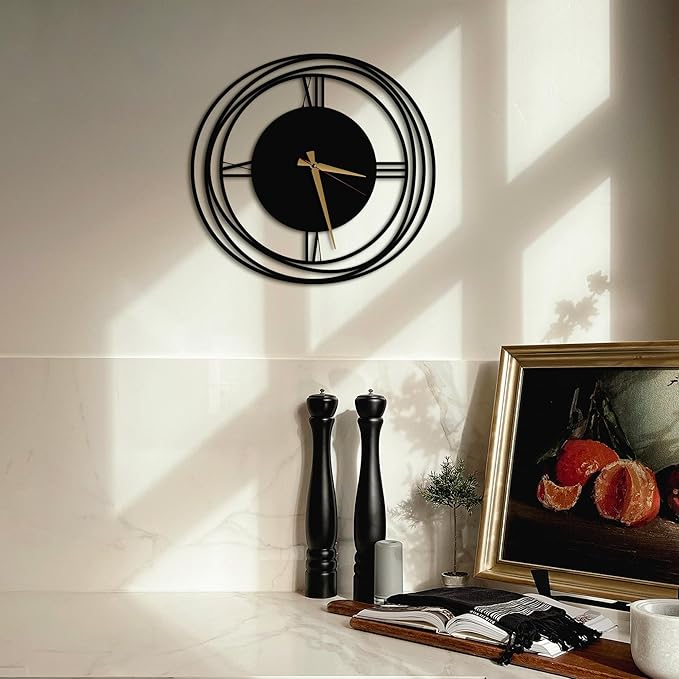 Circular Harmony Wall Clock – 28 Inch XL, Ultra-Quiet Quartz, Black Metal Statement Minimalist Clock for Loft, Hallway, Living Room