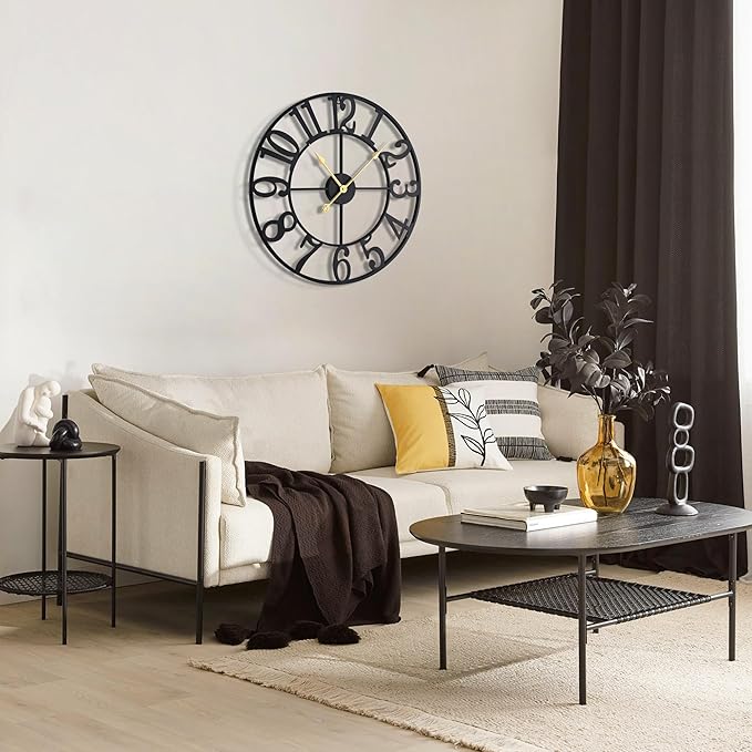 Large Wall Clocks for Living Room Decor, 24 Inch Round Black Metal Silent Non Ticking Battery Operated Jumbo Numerals Modern Vintage Decorative Clock Wall for Bedroom,Kitchen,Office,Farmhouse