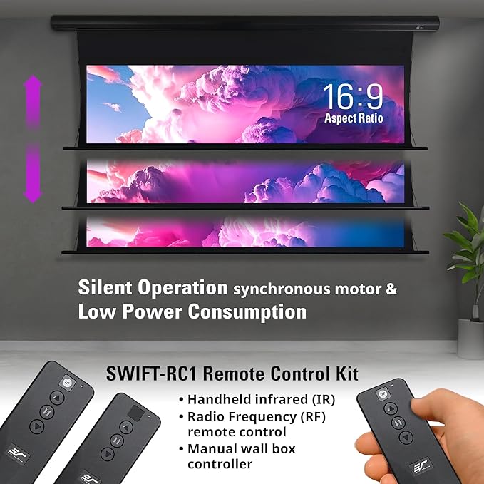 Elite Screens Saker Tab-Tension AcousticPro UHD Series, 100-INCH Diagonal 16:9, 4K/8K Ultra HD Electric Sound Transparent Perforated Weave Drop Down Front Projector Screen, SKT100UH2-E24-AUHD