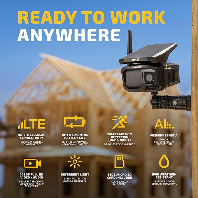 Vosker VKX Construction Pack Solar 4G LTE Security Camera, Wireless Outdoor Surveillance for Remote Construction Sites - No Wi-Fi Needed, SIM Card Included Night Vision, IP65 Weather-Resistant