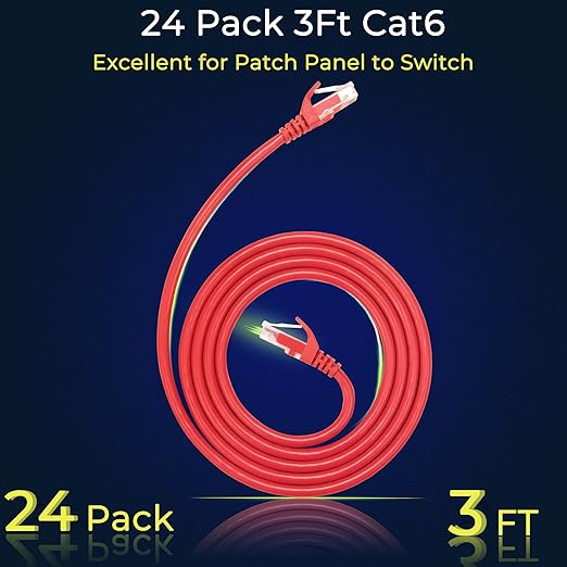 Rapink Patch Cables Cat6 3ft (24 Pack), Ethernet Patch Cable 10G Support, Cat 6 Patch Cable for Patch Panel to Switch, Flexiable Cat 6 Ethernet Cable with Gold Plated Red