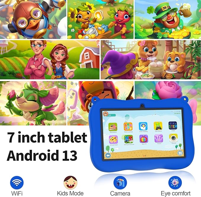 VASOUN 7 inch Kids Tablet with Lanyard, Android 13 with 32GB Toddler Tablet,WiFi, Dual Camera,Time Limits, Age Filters,Parental Controls,Kids Software Pre-Installed with Silicone Case (Blue)