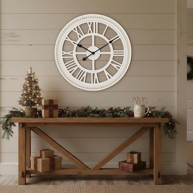 RiteSune 24 Inch Large Farmhouse Wall Clock, Rustic Wall Clock Decor, Wooden, Non-Ticking, Easy to Hang for Living Room, Bedroom, Kitchen