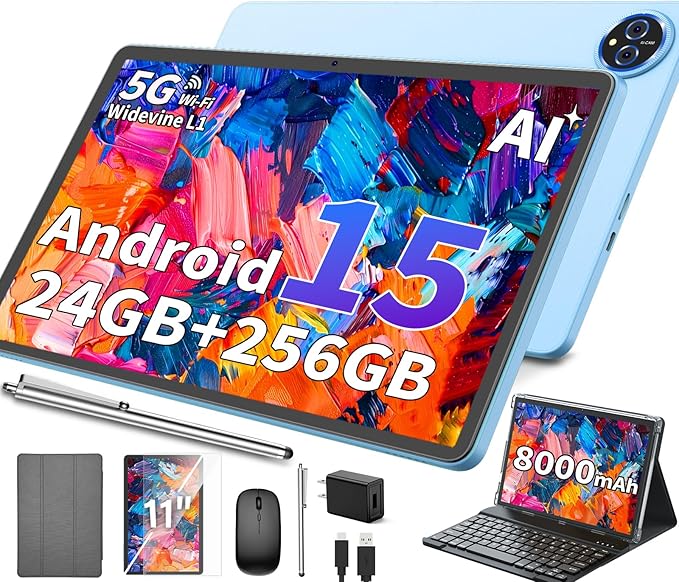 11 Inch Tablet Android 15 Tablet, 2026 Tablets with keyboard, 24GB+256GB+2TB Expand, 2 in 1 Tablets with Case Mouse Stylus, 8000mAh Battery, Octa-Core, Supports Widevine L1, 5G WiFi, GPS (Silver Case)