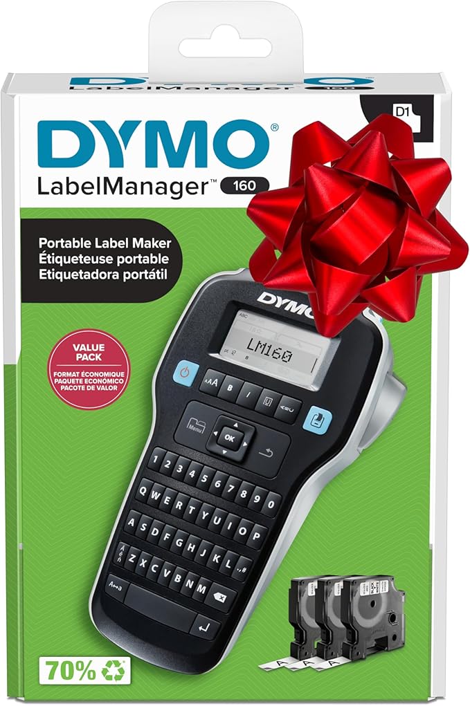 DYMO LabelManager 160 Portable Label Maker Bundle, Easy-to-Use, One-Touch Smart Keys, QWERTY Keyboard, Large Display, For Home & Office Organization, Includes 3 D1 label cassettes