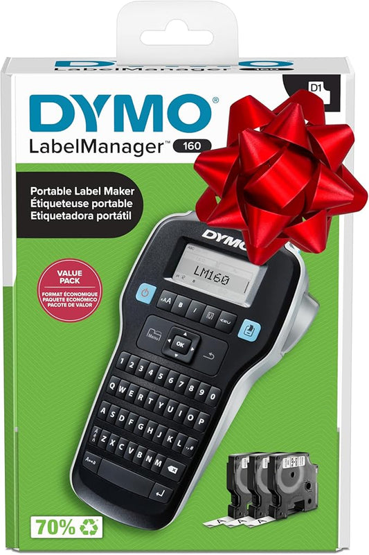 DYMO LabelManager 160 Portable Label Maker Bundle, Easy-to-Use, One-Touch Smart Keys, QWERTY Keyboard, Large Display, For Home & Office Organization, Includes 3 D1 label cassettes