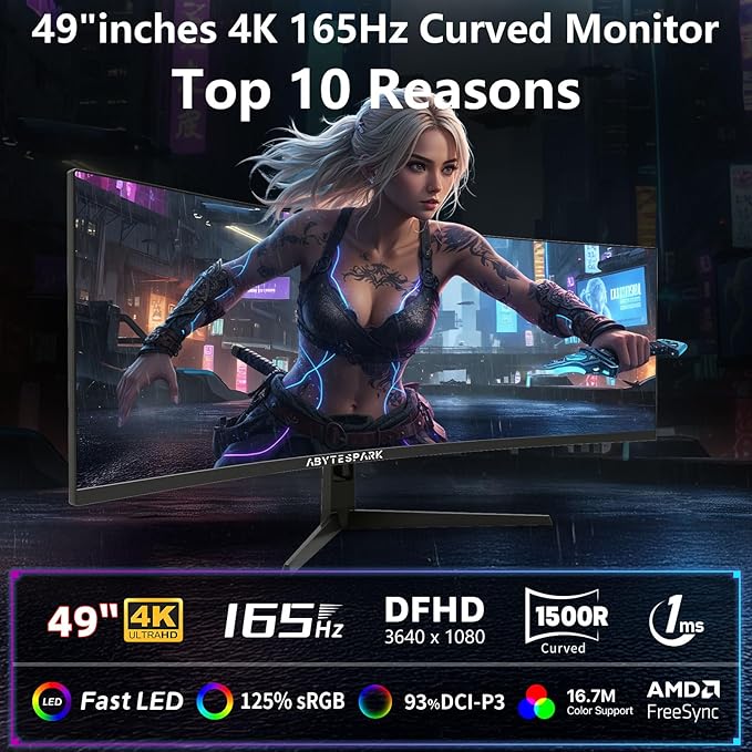 49 Inch Curved Ultra Wide Gaming Monitor, 4K (3840x1080P), 144Hz/165Hz 1500R, 32:9125% sRGB, FreeSync, Height Adjustable Screen Monitor, HDMI 2.1 And DP 1.4, Supports Wall Mounted Installation