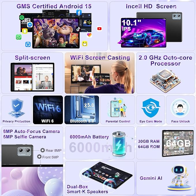 10 Inch Tablet Android 15 Tablets with Keyboard, 30GB 64GB 1TB Expand Tab PC with 2.0GHz Octa-Core, 8MP Camera, 6000mAh, GMS, WiFi 6, BT 5.0, FHD Display, Widevine L1, Gemini AI (Black)