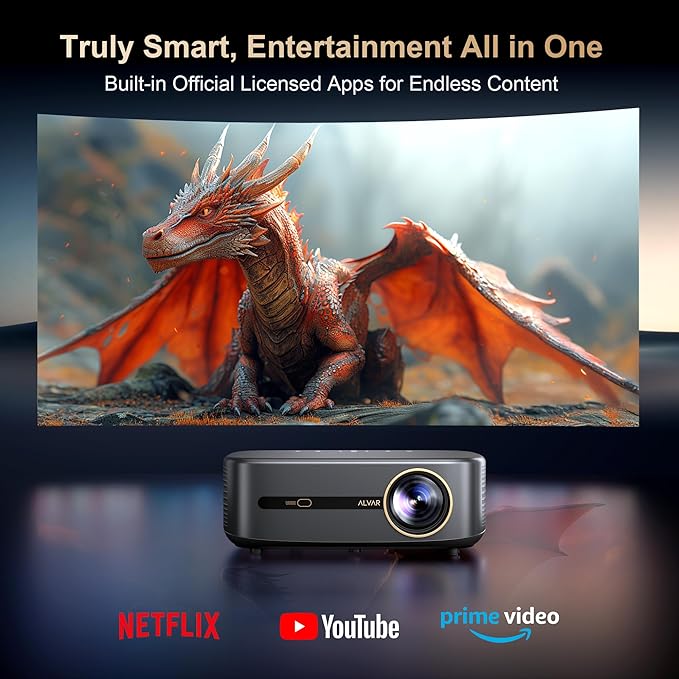 [2000 ANSI/4K Support/DoIby Audio & DBX-TV] Alvar Smart Projector with WiFi 6 and Bluetooth 5.3, 50W Speakers, NetfIix Certified Outdoor Movie Projector, Auto Focus & Keystone, Native 1080P, Black