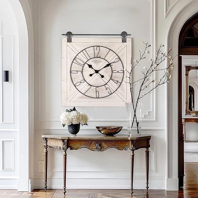 Oakrain Rustic Large Wall Clock, Classic Vintage Hanging Clock, Silent Non-Ticking Square Wall Clock for Living Room Bedroom Office, Numeral, Distressed White, 27''x29''