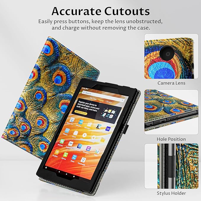 VORI Case for All-New Amazon Kindle Fire HD 10 Tablet (13th/11th Generation 2023/2021 Release) and Fire HD 10 Plus 10.1" - Slim Folding Stand Folio Cover with Auto Wake/Sleep & Hand Strap, Peacock