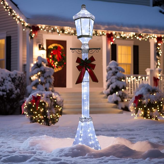 6FT Lighted Freestanding Lamp Post for Christmas Decoration, Pre-Lit Iridescent Post Lamp with 120 LED Lights & Removable Bow, Outdoor 3D Glittered Standing Festival Display, White