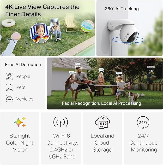 Tapo 4K 8MP Wired Pan/Tilt Outdoor Security Camera, Free Person/Vehicle Detect & 360° View, Color Night, Local AI, SD/Cloud Storage, Works w/Alexa & Google Home, 2.4 GHz WiFi C560WS