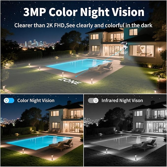 Solar Security Wireless Camera 3MP 360° View Solar Battery Powered WiFi Camera AI Motion Detection/2-Way Talk/Spotlight/Siren/IP65/Cloud/Up to 512G SD Storage( About 180 Days Storage SD Card Included)
