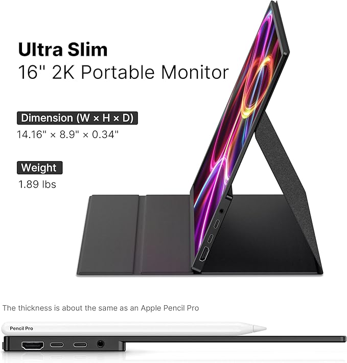 MP Mobile Pixels New 16" 2.5K Fold Portable Monitor, USB-C/HDMI Plug and Play Travel Monitors for Laptop, Laptop Screen Extender Compatible with macOS/Windows/Android/Switch(Protective Cover Included)