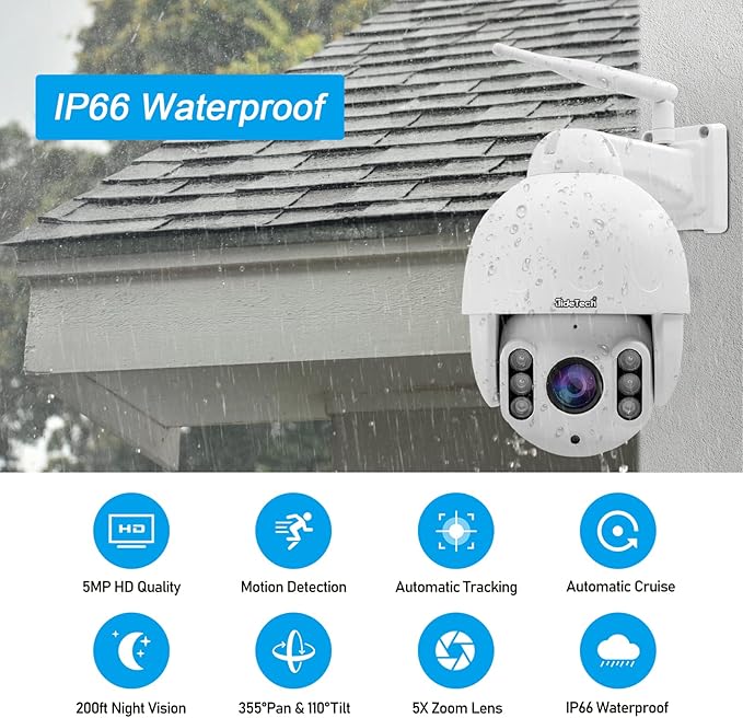 JideTech 5MP PTZ WiFi Camera Outdoor, 5X Optical Zoom IP Dome Camera, Auto Tracking Security Camera, 196ft IR Night Vision, Human/Motion Detection, Two Way Audio, IP66 Waterproof, SD Card Slot