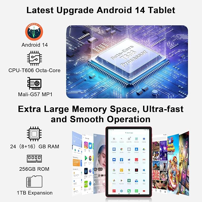 Tablet 11 inch Android 14 Tablets, 24GB+256GB+1TB Expand, Android Tablet with 8000mAh, Octa-Core, 13MP+5MP Camera, IPS Touchscreen, 5G WiFi, BT5.0, Widevine L1, GPS - Metal Red