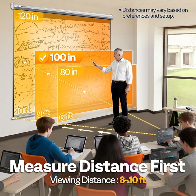 VIVOHOME 100 Inch 16:9 Pull Down Projector Screen, HD 4K Retractable Movie Screen for Indoor Home Theater and Office, Manual Projection Screen with Auto Locking (87W x 49H Inch Display Area)