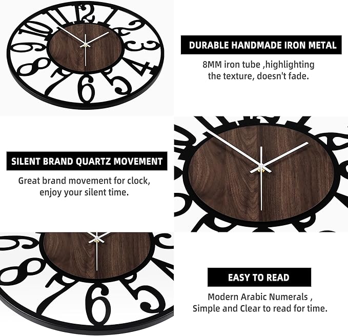 LEIKE Large Wall Clocks,Silent,Non Ticking,Battery Operated Rustic Round Modern Big Wood Wall Clock for Living Room, Bedroom,Kitchen,Farmhouse,Office,Home Decor-16 Inch(Black-Arabic Number)