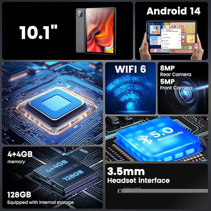 Azeyou Tablet 10.1 inch, Android 14 Tablet, 8GB 128G Computer Tablets, Octa Core Processor 6000mAh Battery, 1280x800 IPS Touch Screen, 5+8MP Dual Camera, Bluetooth,GMS, WiFi (Metal Gray)