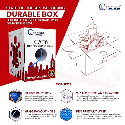 NewYork Cables CAT6 Plenum Cable 1000ft | 100% Solid Bare Copper, UTP, 550MHz, 23AWG, 4Pair 10GB Ethernet Cable, Certified CMP-Rated Bulk Cat 6 for Networking & Gaming (1000ft, Pure Copper,Yellow)
