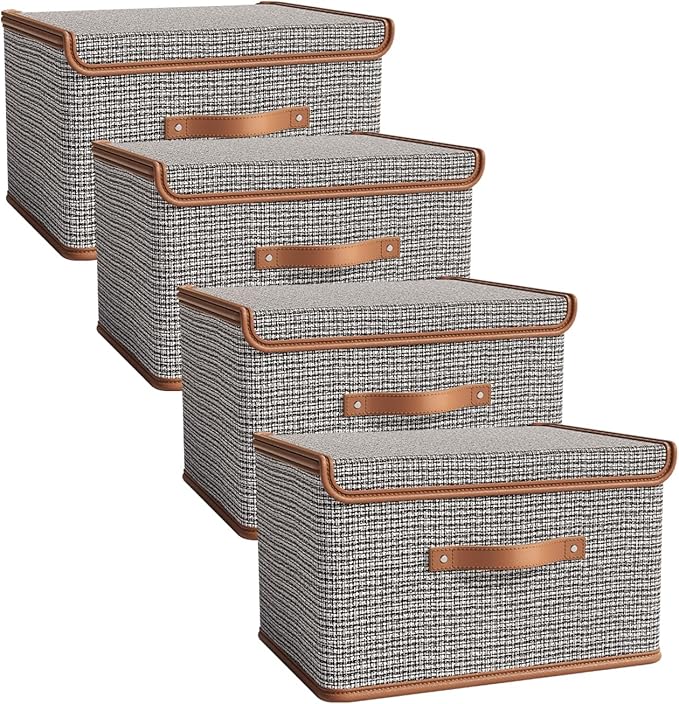 Tuza 4 Pack Storage Bins with Lids, Collapsible Closet Organizer Container, Fabric Organizer Box with Handles, Decorative Storage Boxes with Lids for Organizing Clothes, Books, Light Grey, Large