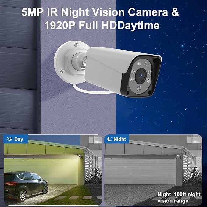 H.265+ Wired Security Camera DVR Kit System with AI Human Vehicle Detection, 4X 1920P 5MP IP67 Metallic Indoor/Outdoor Cameras IR Night Vision, 4K NVR 500GB HDD Included for 24/7 Recording