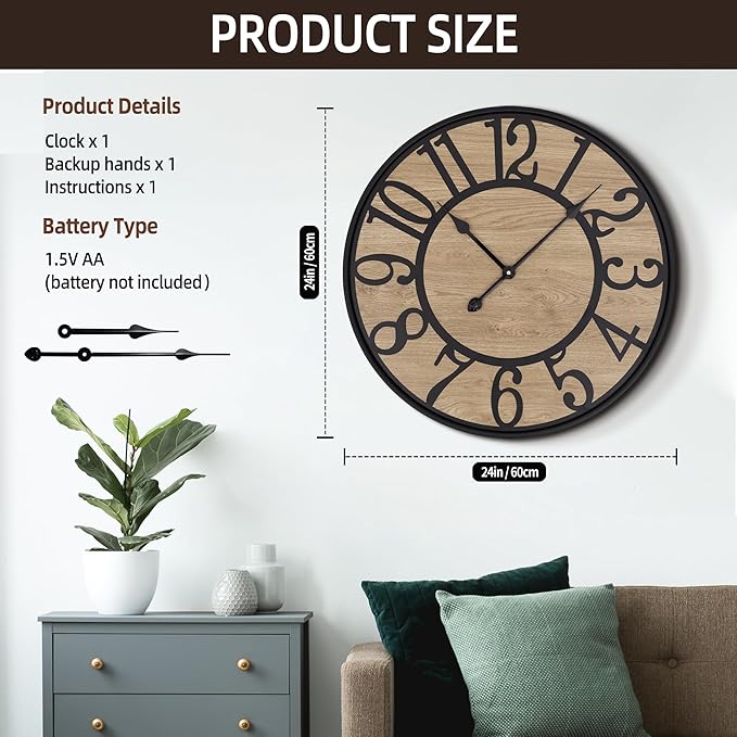 Maxstar Large Wall Clock for Living Room,Metal & Wood Silent Rustic Farmhouse with Arabic Numeral, Battery Operated Wall Clocks Decorative for Bedroom Office Home Decor 24inch Black